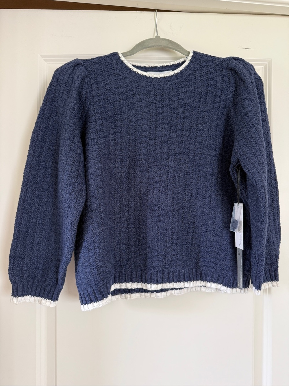 Michael Stars Navy Puff-Sleeve Crew Sweater with White Trim